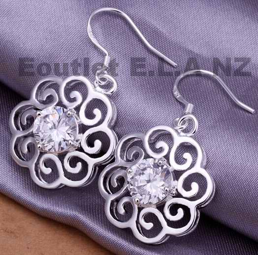 37x21mm CZ FLORAL SILVER DANGLE EARRINGS